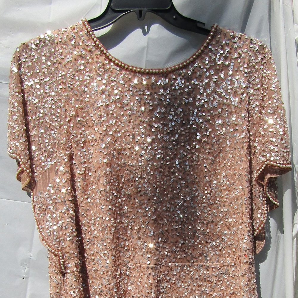 Adrianna Papell Rose Gold Beaded Dress with Flutter Sleeves
